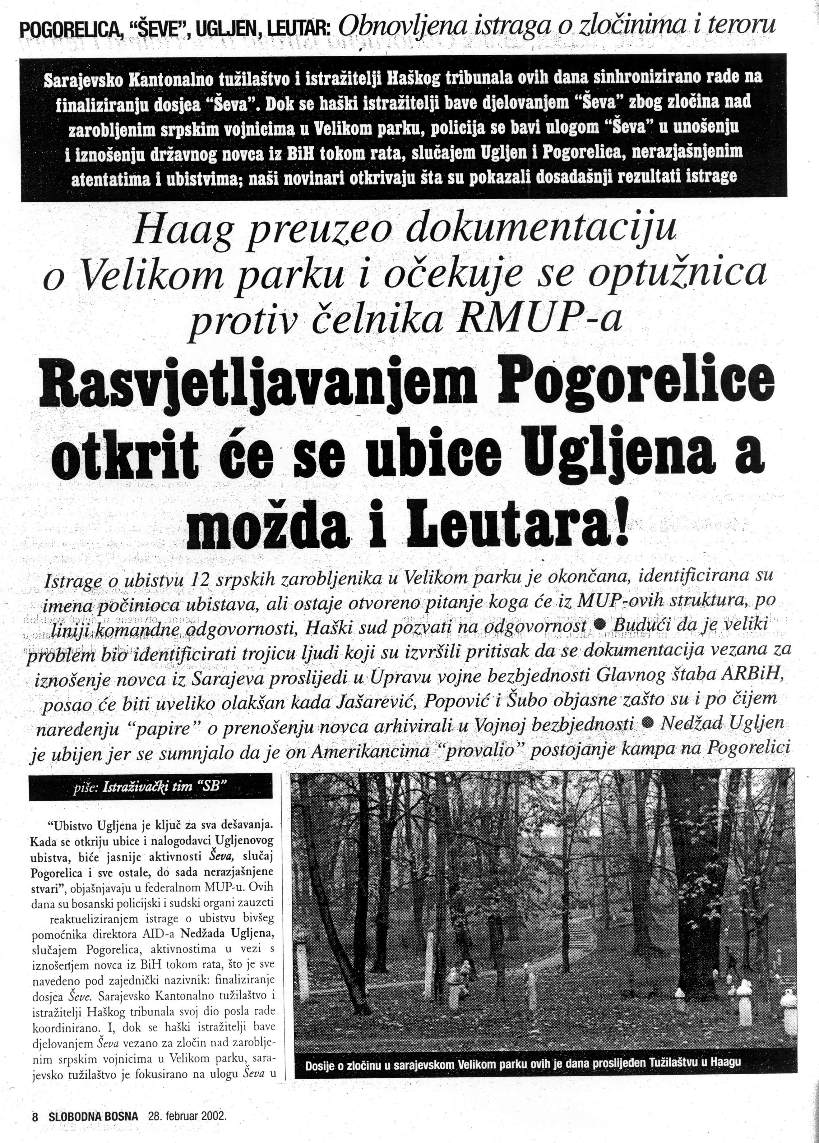 Faksimil teksta u SB-u od 28. februara 2002. godine o uvezanosti slučajeva “Pogorelica”, “Ševe”, “Ugljen”, “Leutar” - Avaz