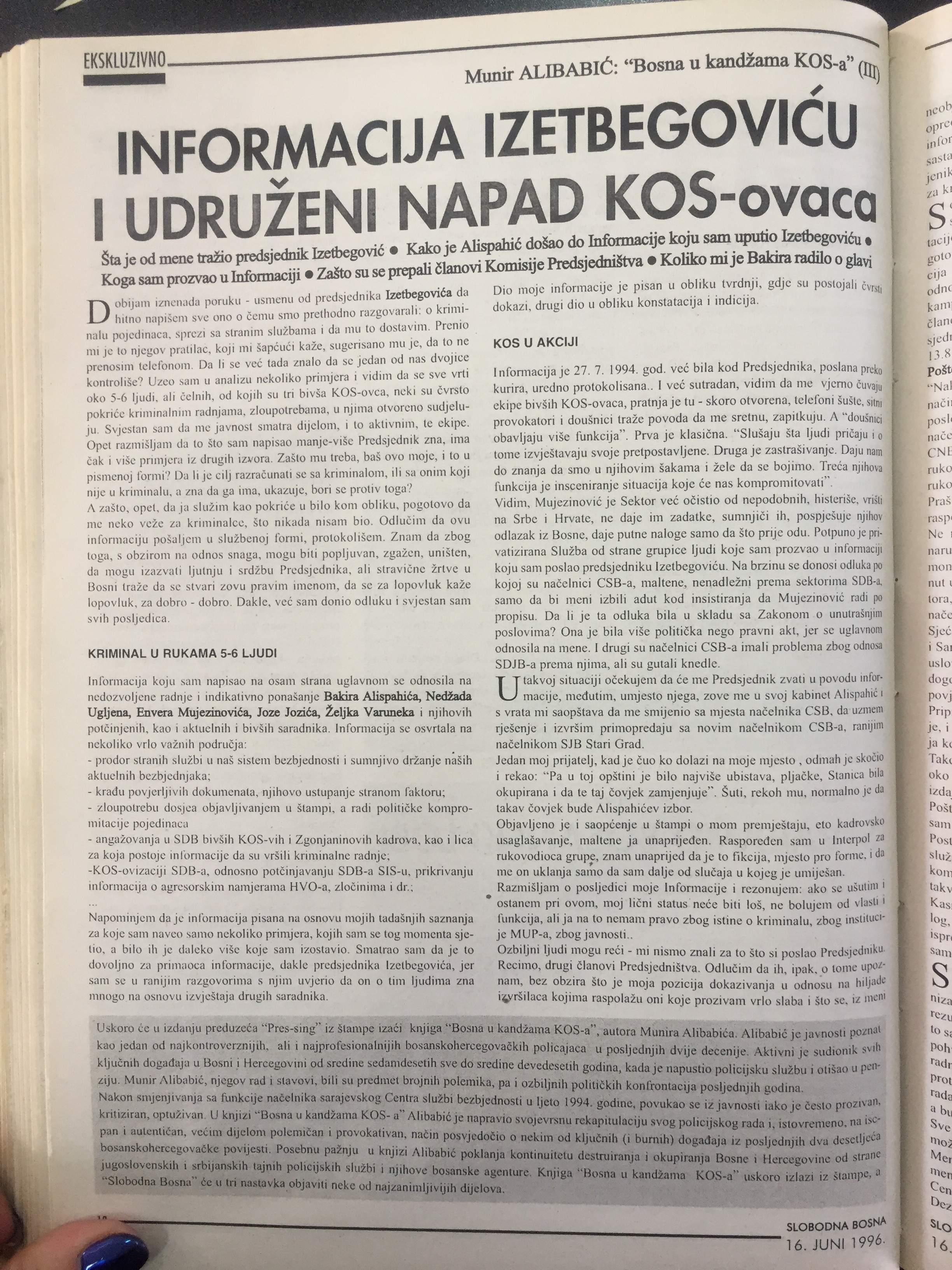 Faksimil trećeg dijela feljtona „Slobodne Bosne” od 16. juna 1996. u kojem su preneseni dijelovi knjige „Bosna u kandžama KOS-a - Avaz