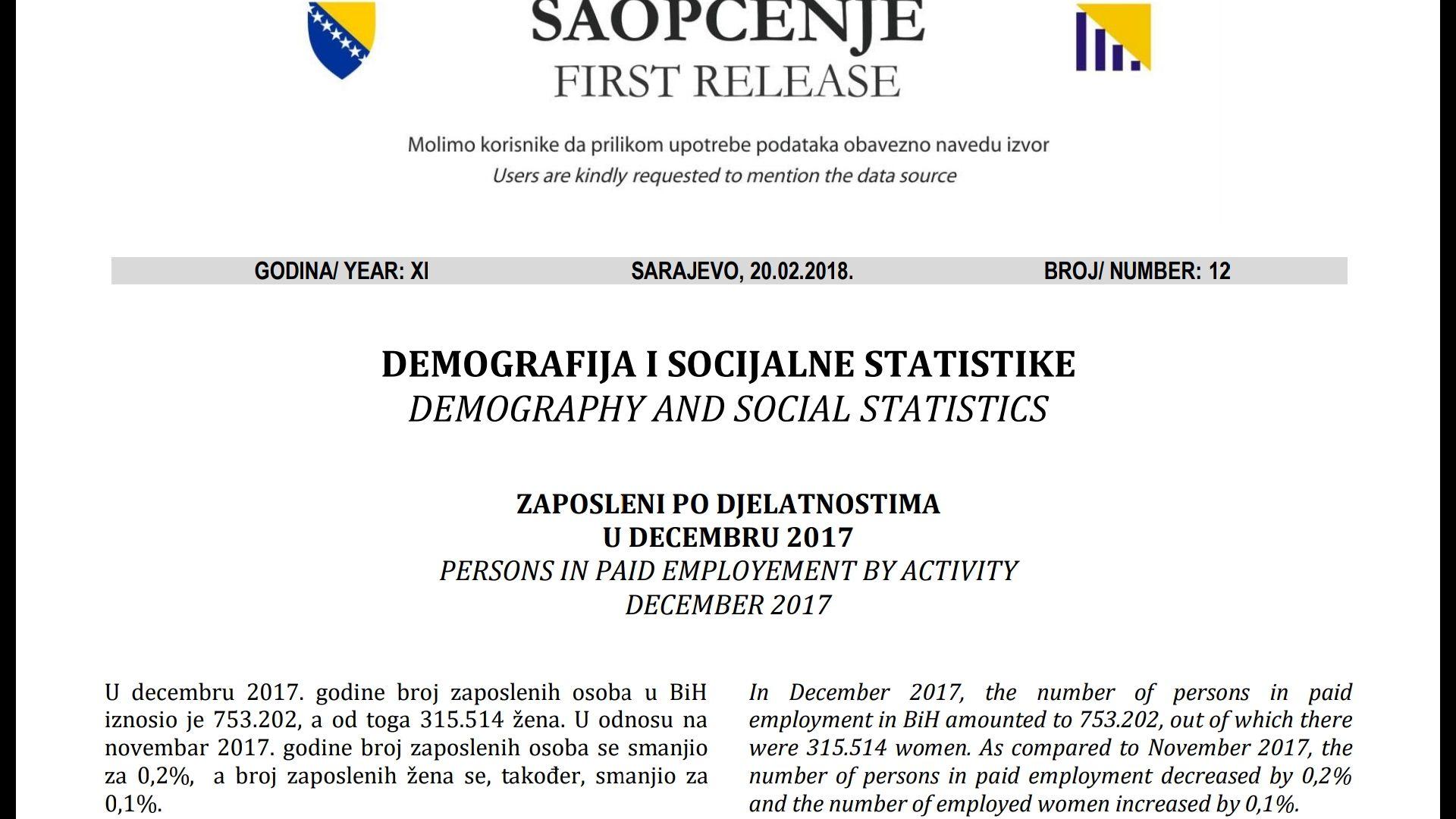 Faksimil izvještaja o zaposlenosti za decembar 2017. - Avaz