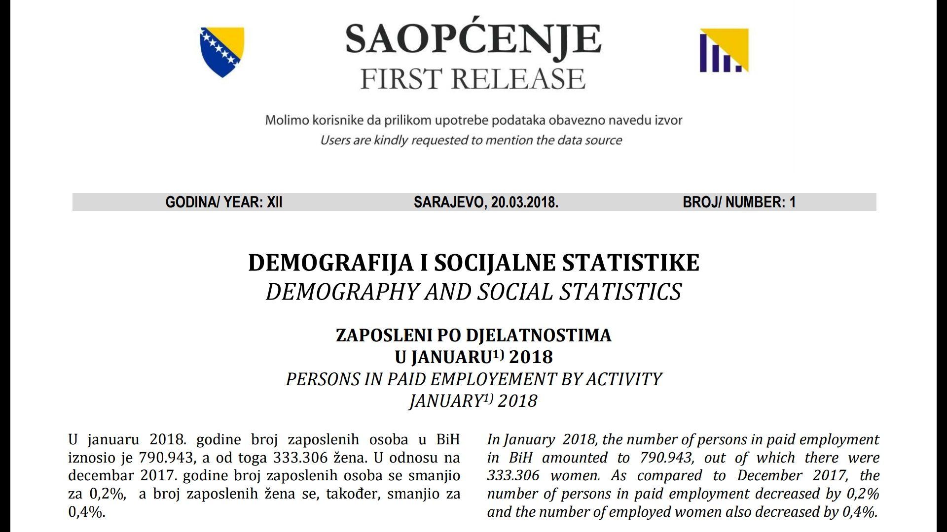 Faksimil izvještaja o zaposlenosti za januar 2018. - Avaz