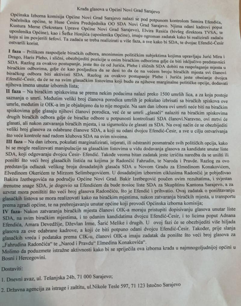 Faksimil pisma upućenog 15 dana prije izbora SIPA-i: Potvrđeni navodi o planu SDA - Avaz