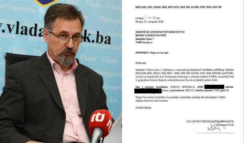 Goran Opsenica: Ja tu izjavu nisam ni ispunio ni potpisao, a CIK je prešutio odgovor Dragana Čovića