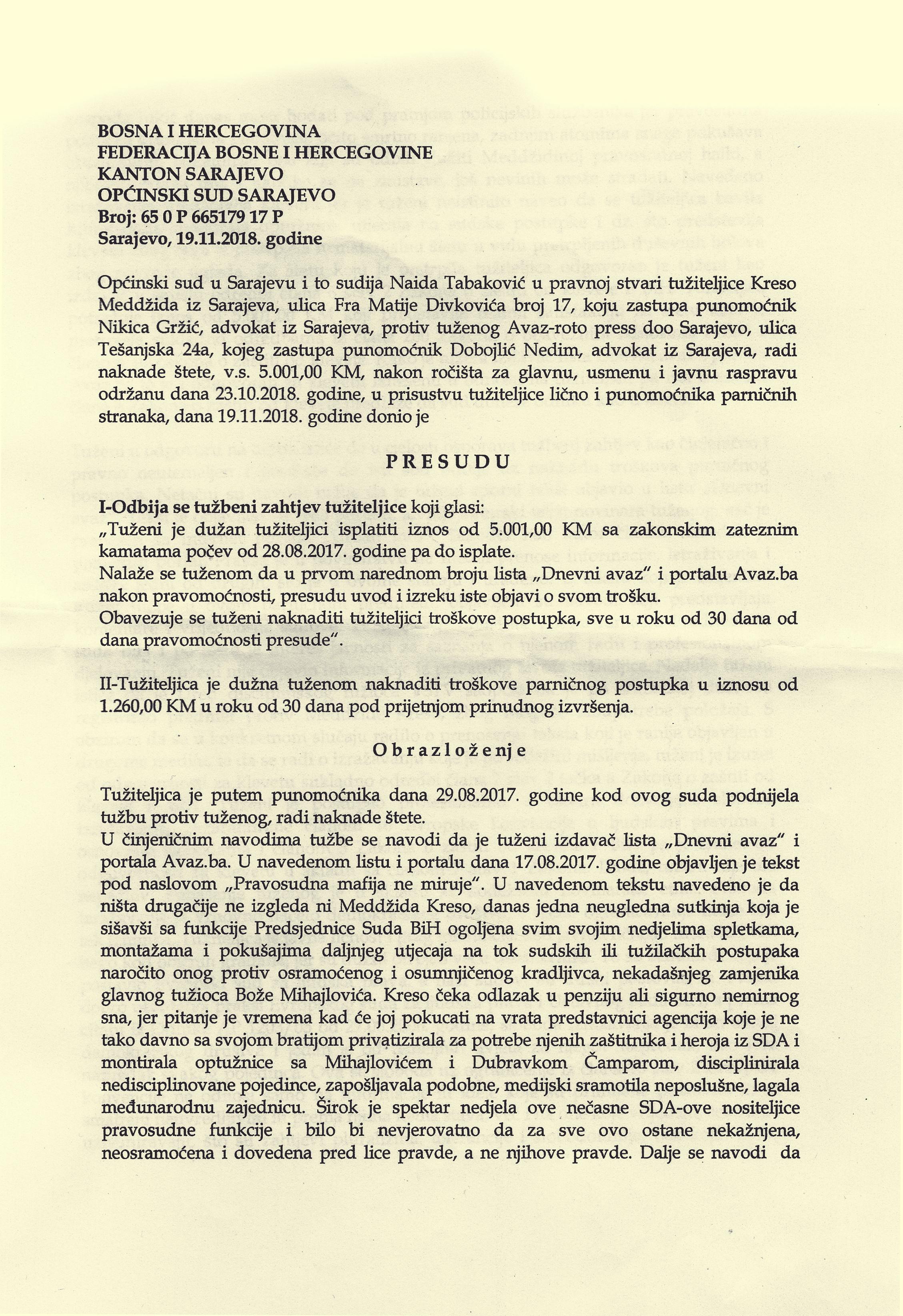 Faksimil presude Općinskog suda u Sarajevu od 19. novembra ove godine - Avaz