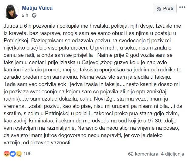 Objava Matije Vuice na Facebook profilu - Avaz