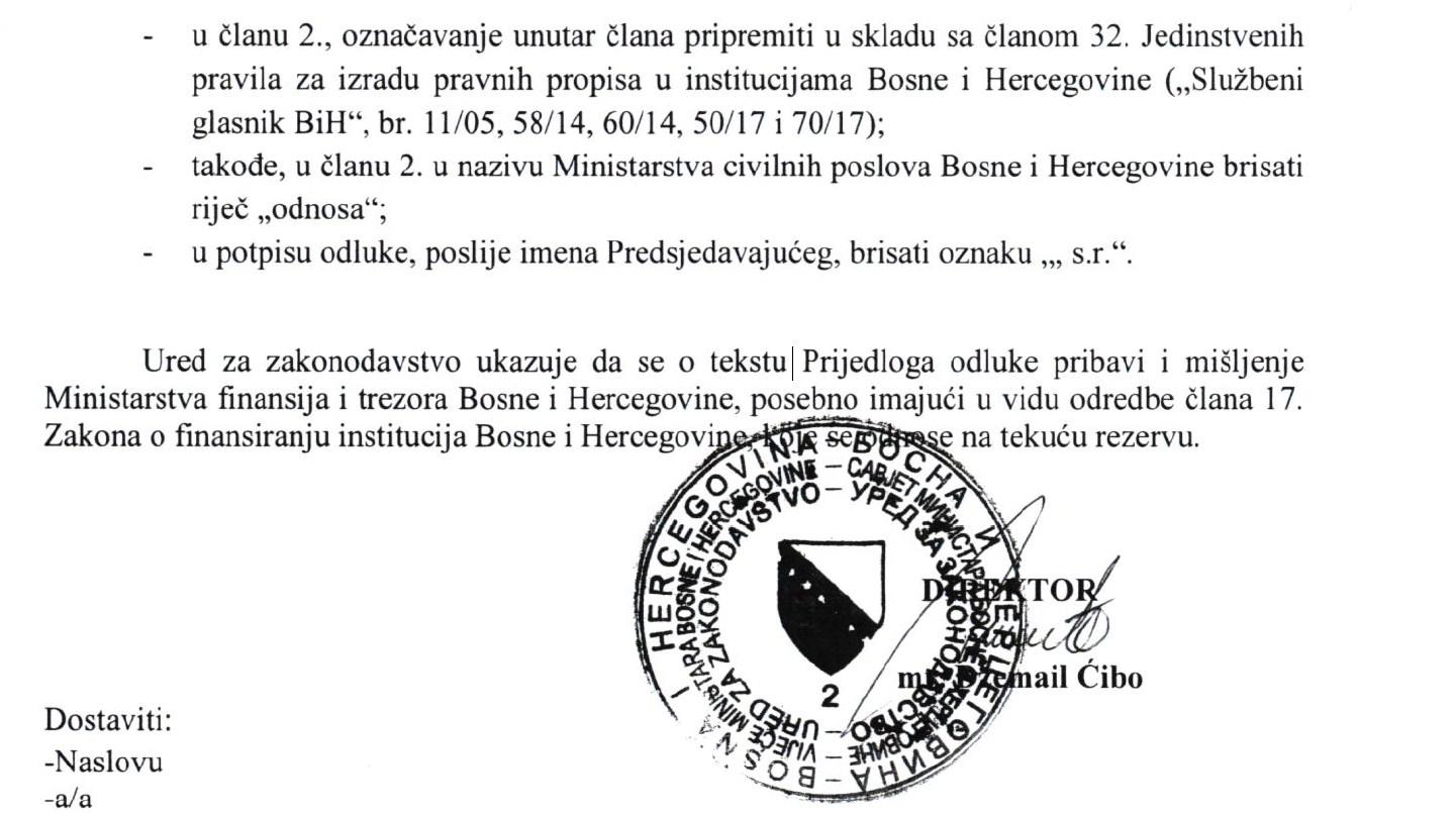 Faksimil akta Ureda za zakonodavstvo: Sugerirali da se traži mišljenje resornog ministarstva - Avaz