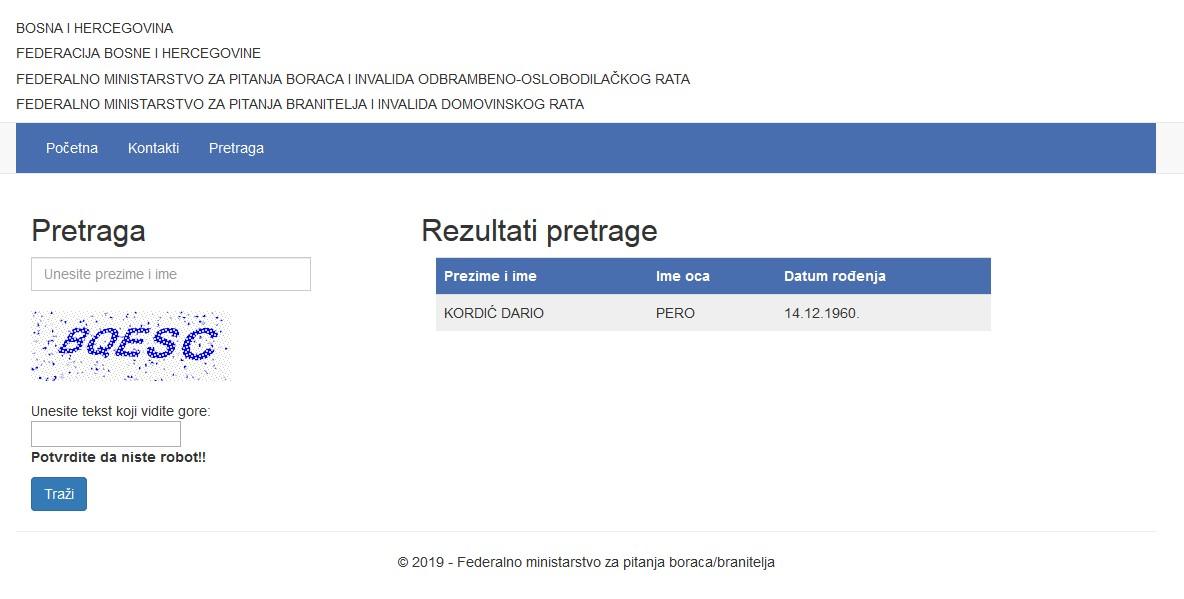 Print screen registra Ministarstva za boračka pitanja FBiH - Avaz