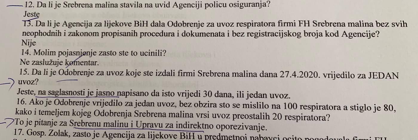 Faksimil pitanja  koja su poslana Agenciji i odgovora - Avaz