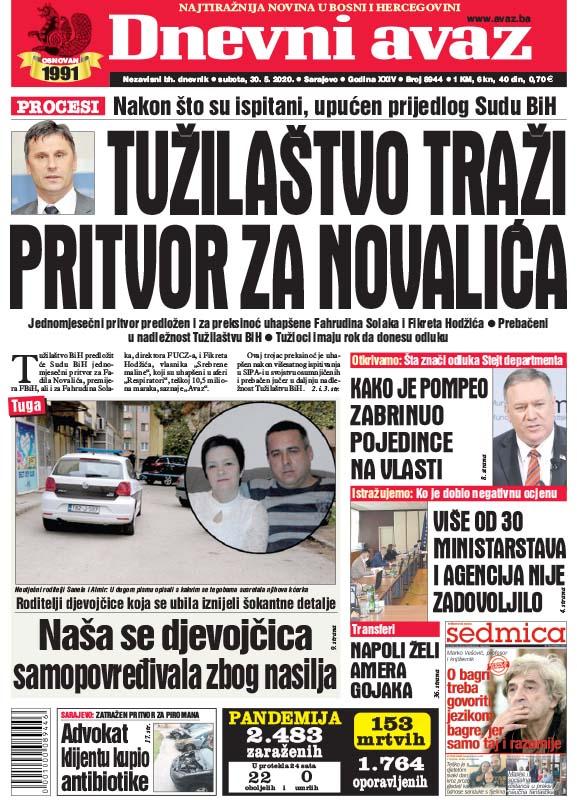 Naslovnica "Dnevnog avaza" 30.05.2020. - Avaz