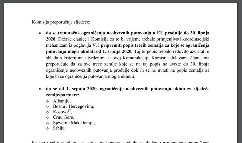 Faksimil dokumenta Evropske komisije u kojem se predlaže ukidanje zabrane putovanja - Avaz