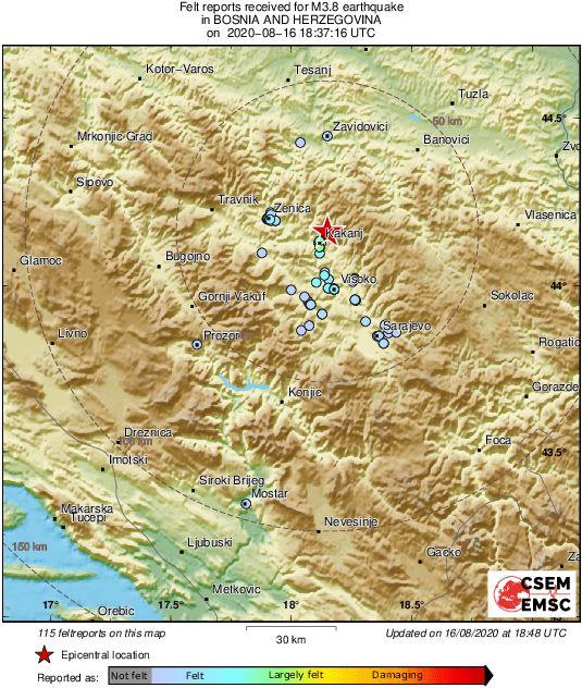 Zemljotres jačine 3,8 stepeni po Rihteru osjetio se kod Kaknja i obližnjih mjesta