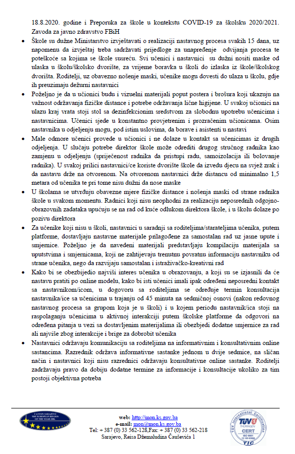 Uputstvo o organizaciji i realizaciji odgojno-obrazovnog rada u osnovnim i srednjim školama na području KS u školskoj 2020/2021. godini - Avaz