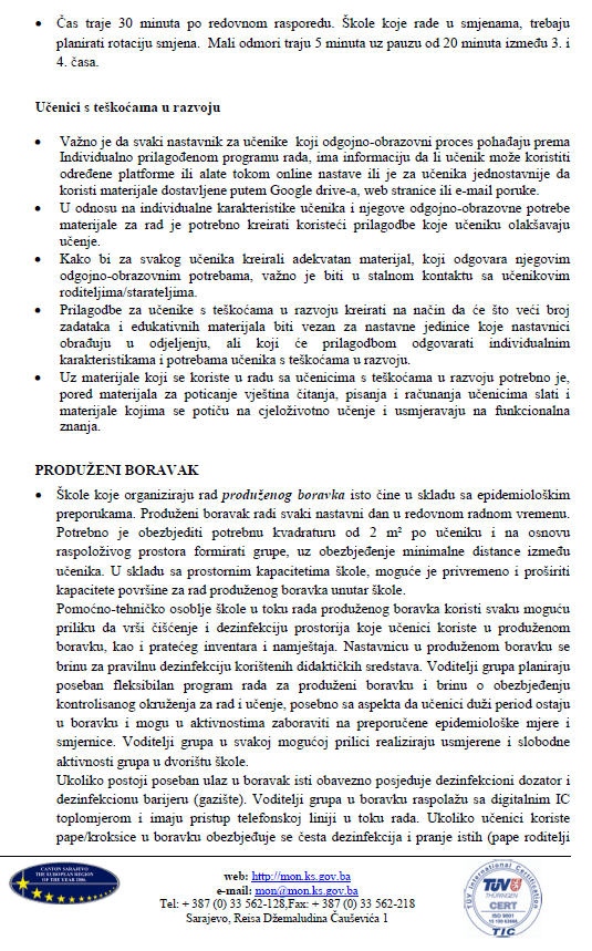 Uputstvo o organizaciji i realizaciji odgojno-obrazovnog rada u osnovnim i srednjim školama na području KS u školskoj 2020/2021. godini - Avaz