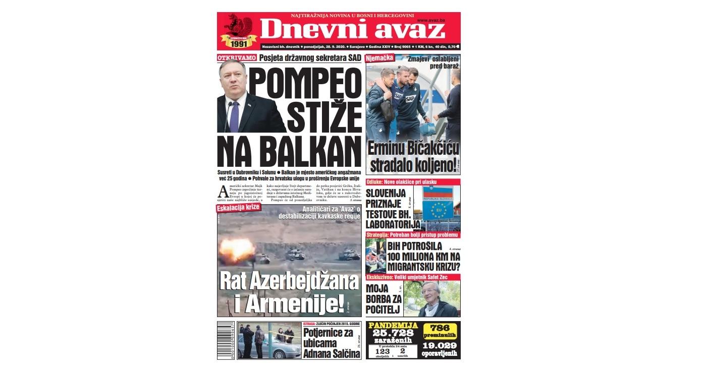 Danas u "Dnevnom avazu" čitajte: Pompeo stiže na Balkan!