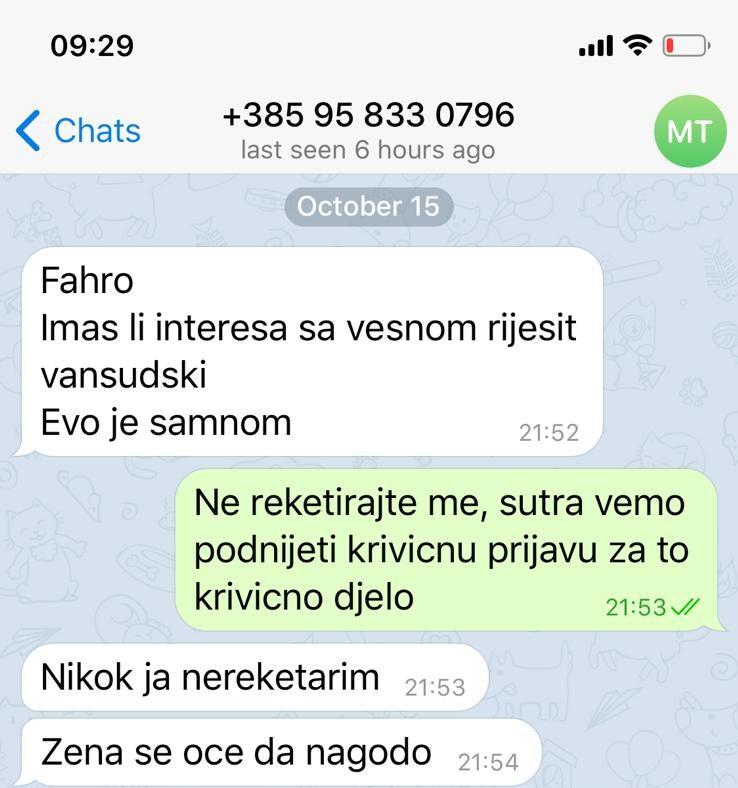 Screenshot poruka: Radončića naizgled ''mekano'' pitaju ima li interesa da s nepostojećom vlasnicom Vesnom Nikolić sve riješi „vansudski“ - Avaz