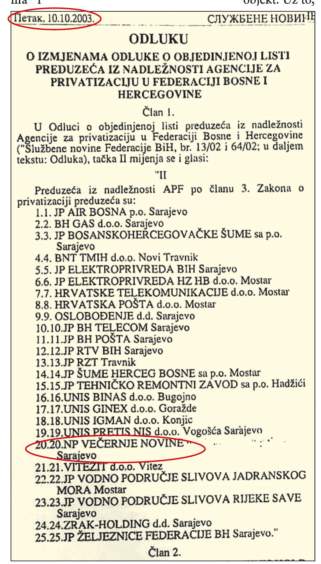 "Službeni list FBiH": Potpuno jasno da je jedini vlasnik novinskog preduzeća "Večernje novine" bila i ostala Agencija za privatizaciju FBiH - Avaz