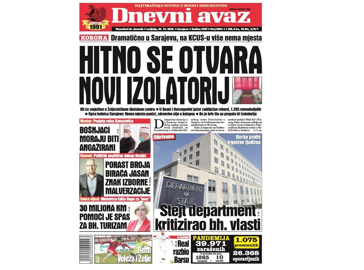 Danas u "Dnevnom avazu" čitajte: Hitno se otvara novi izolatorij