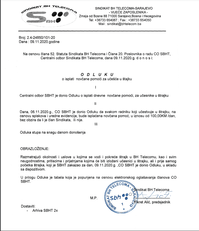 Odluka sindikata BH Telecoma za dodjelu po 100 KM učesnicima u štrajku - Avaz