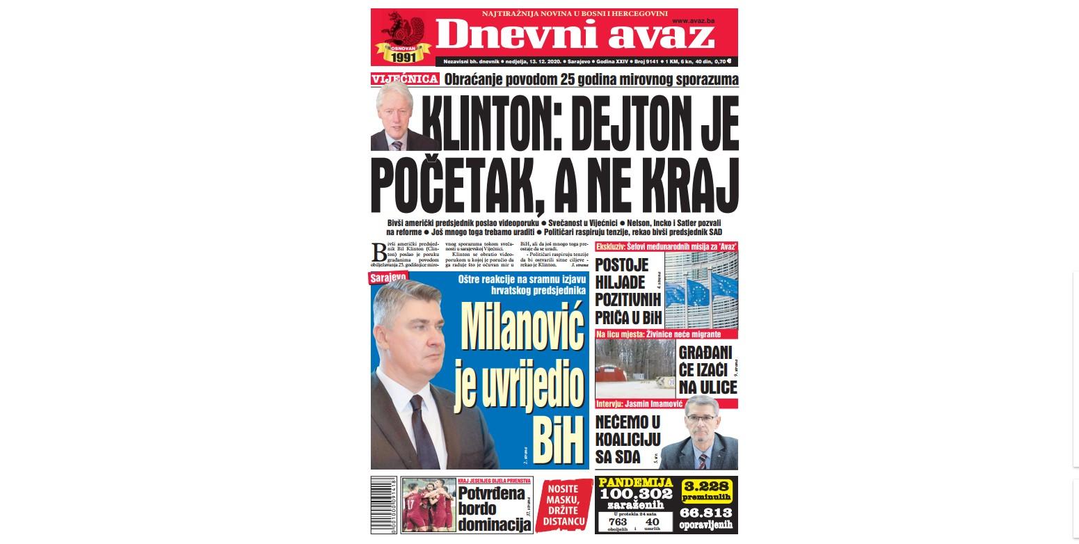 Danas u "Dnevnom avazu" čitajte: Klinton: Dejton je početak, a ne kraj