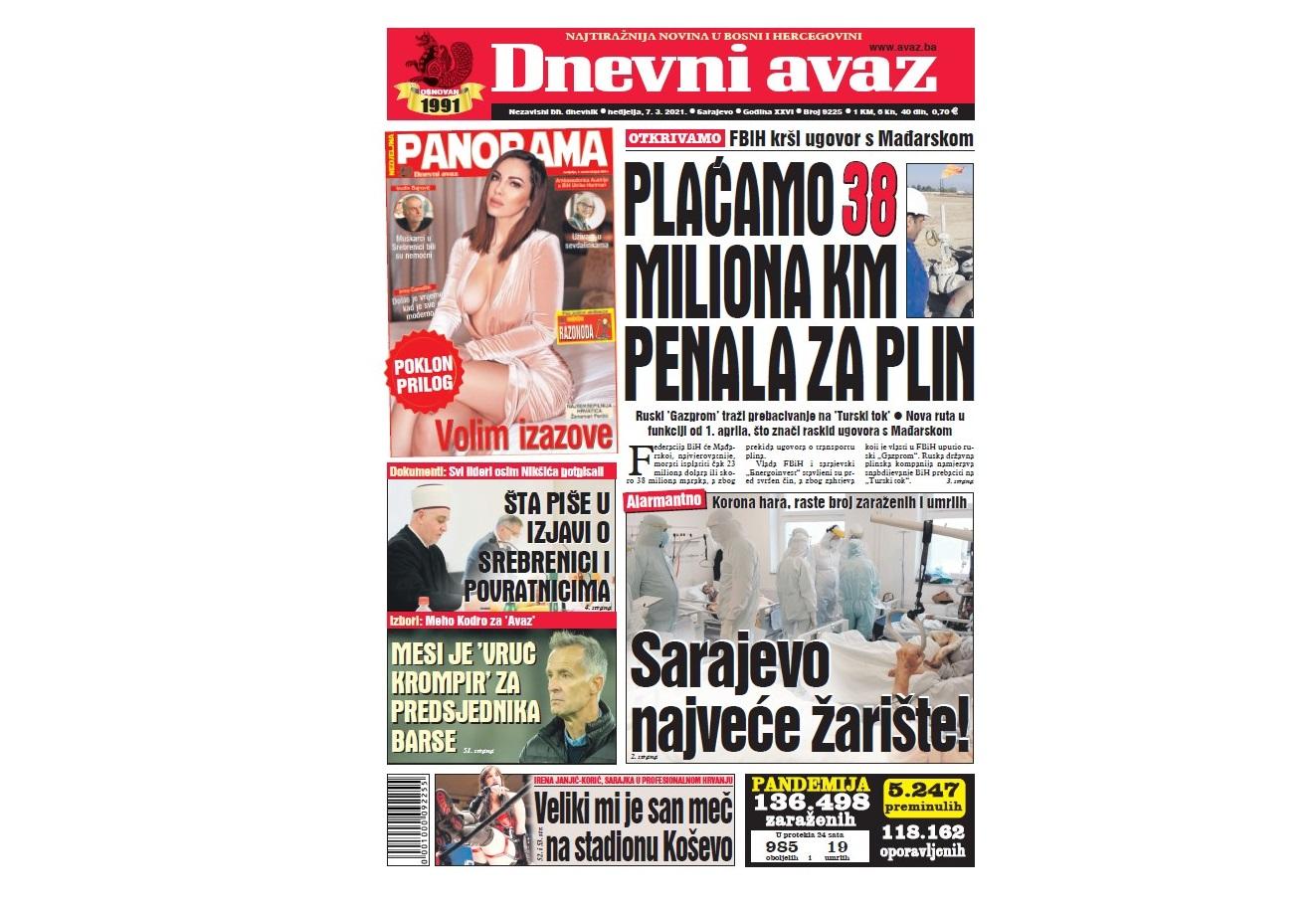 Danas u "Dnevnom avazu" čitajte: Plaćamo 38 miliona KM penala za plin