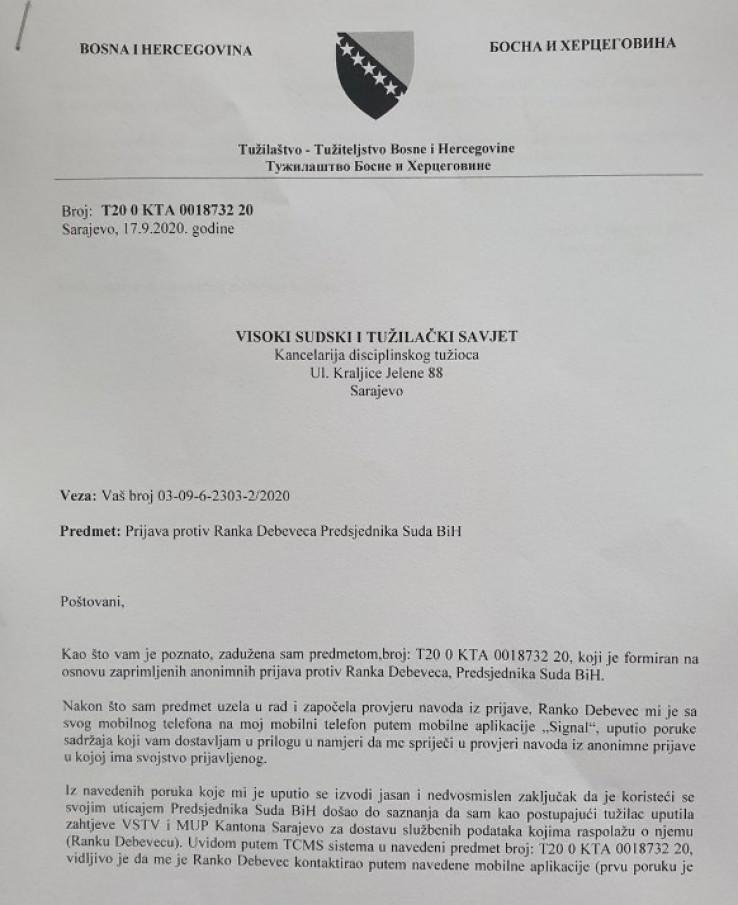 Facsimile of prosecutor Vedrana Mijović's report against Ranko Debevec - Avaz