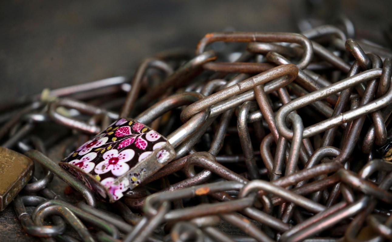 Padlocks and chains used to shackle children rescued by police from captivity are seen at the Hajj transit camp in Kaduna, Nigeria September 28, 2019. - Avaz