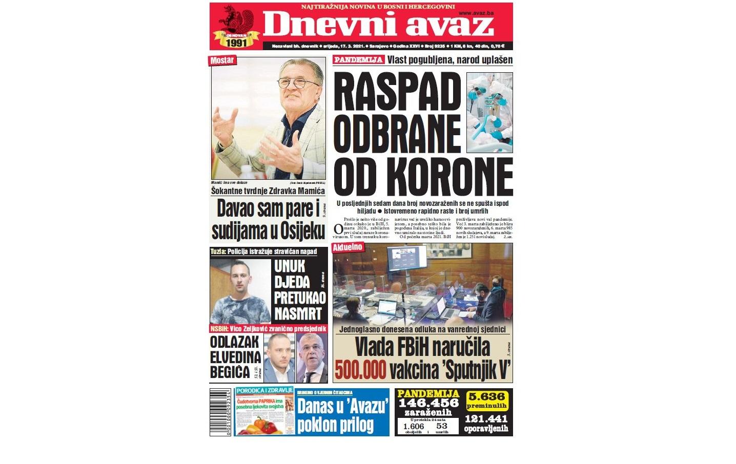 Danas u "Dnevnom avazu" čitajte: Raspad odbrane od korone