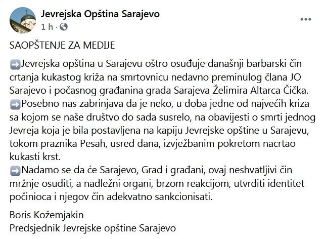 Saopćenje za medije Jevrejske opštine Sarajevo - Avaz