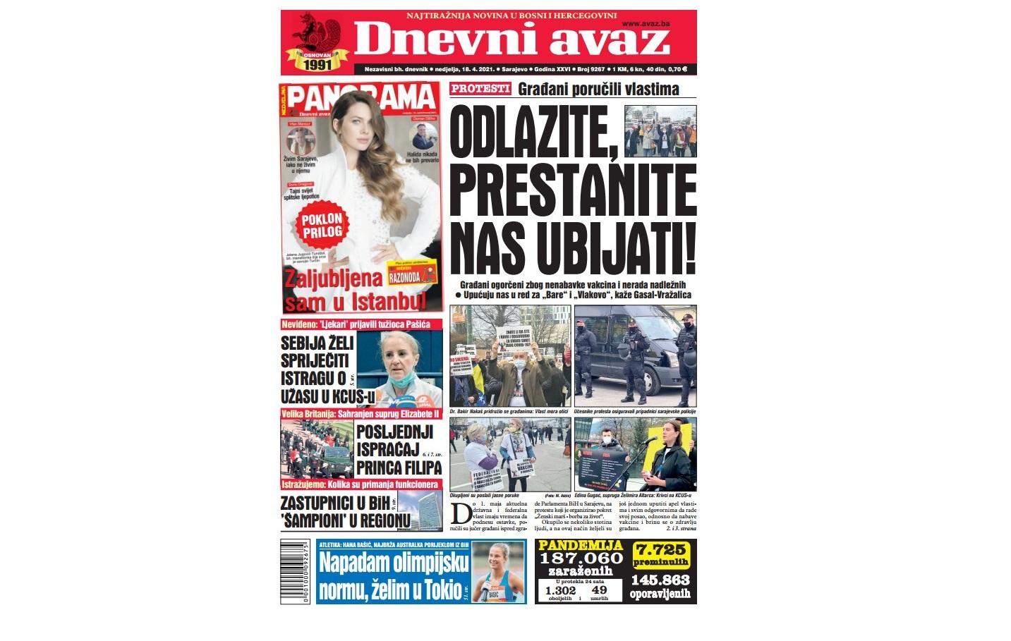 Danas u "Dnevnom avazu" čitajte: Odlazite, prestanite nas ubijati