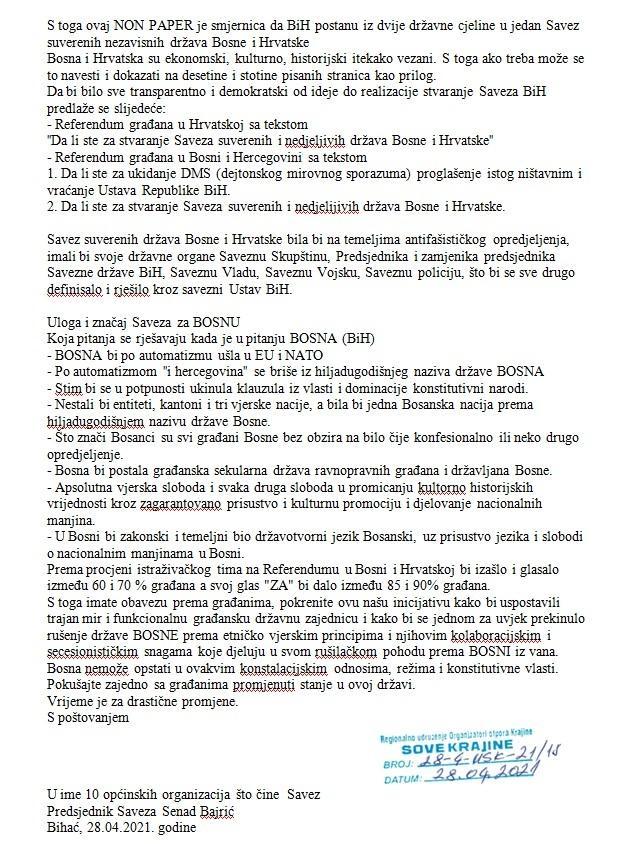 "Non-paper za novu BiH, Savez suverenih i nezavisnih država Bosne i Hrvatske" - Avaz