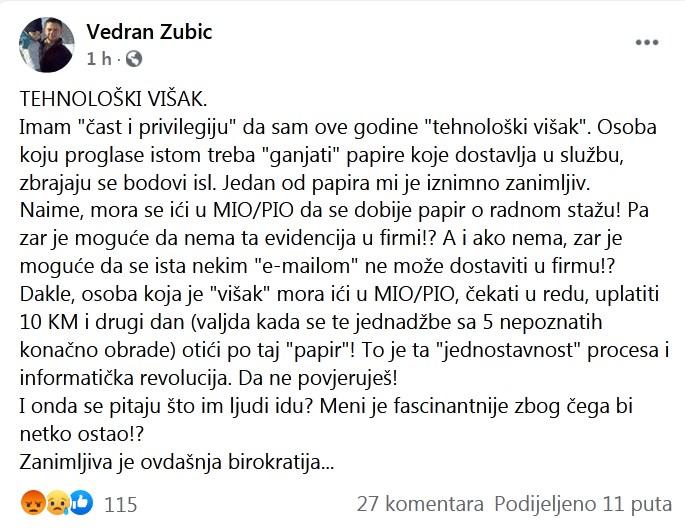 Status Zubića na Facebooku - Avaz