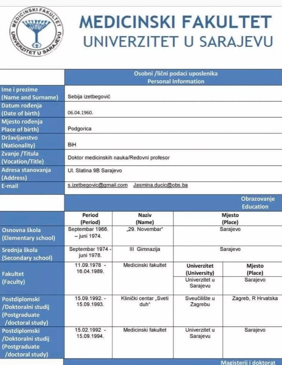 U podacima Medicinskog fakulteta stoji da je diplomirala 1989.godine - Avaz