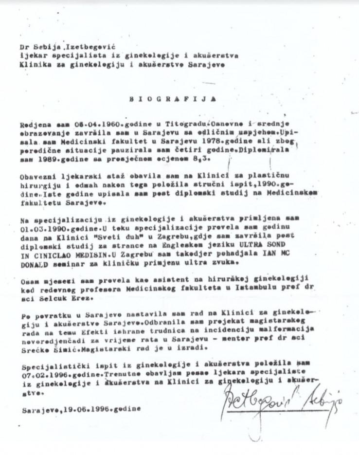 Facsimile of the official biography of Sebija Izetbegović from June 1996 - Avaz