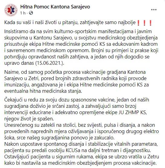 Objava Hitne pomoći KS na Facebooku - Avaz