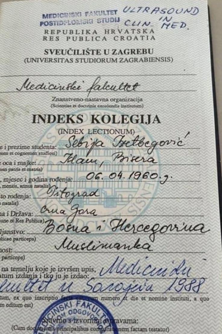 A copy of the "Zagreb" student booklet of Sebija Izetbegović was submitted - Avaz