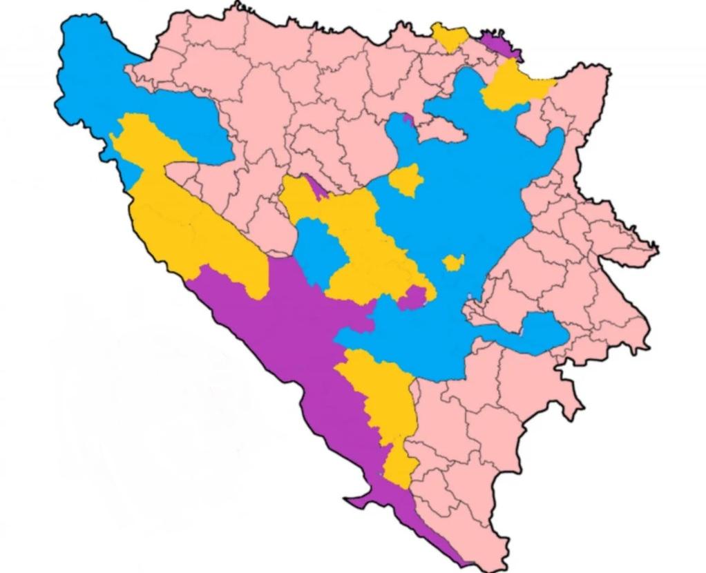 Plava: A područje;  Ljubičasta: B područje; Žuta: C područje - Avaz