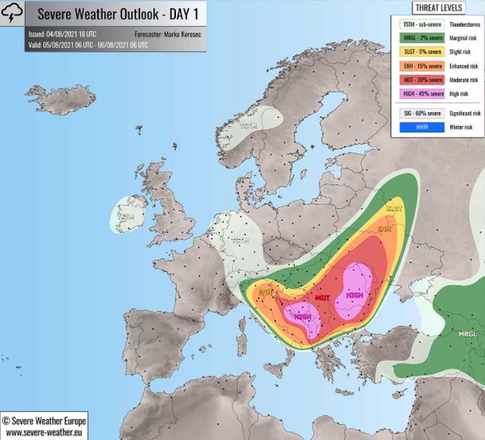 Mapa meteorološkog servisa: Mogućnost tornada je ocijenjena visokom - Avaz