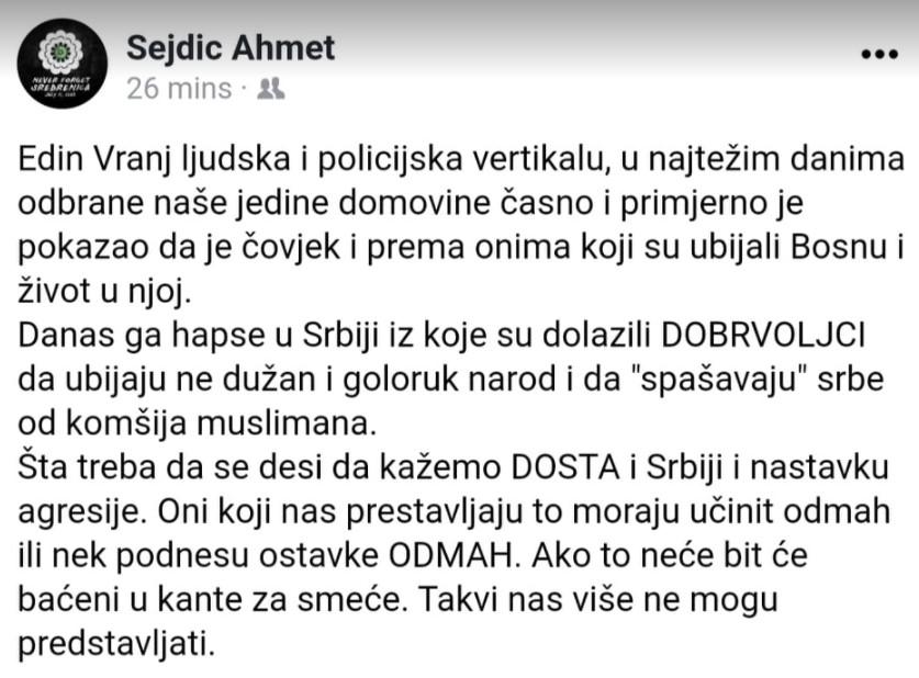 Objava Ahmeta Sejdića na Facebooku - Avaz