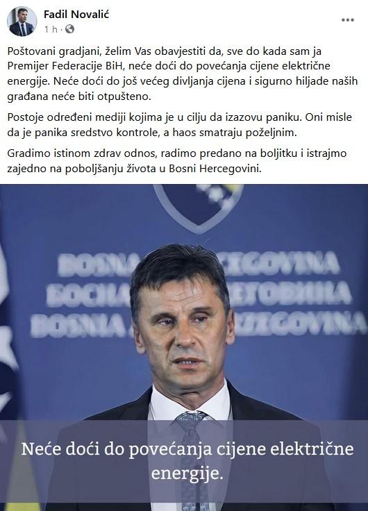 Status Novalića na Facebooku - Avaz