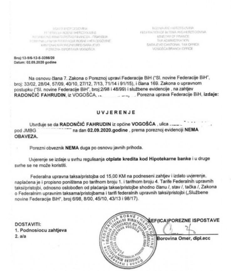 Certificate of the Tax Administration of the Federation of B&H that Fahrudin Radončić does not owe any tax - Avaz