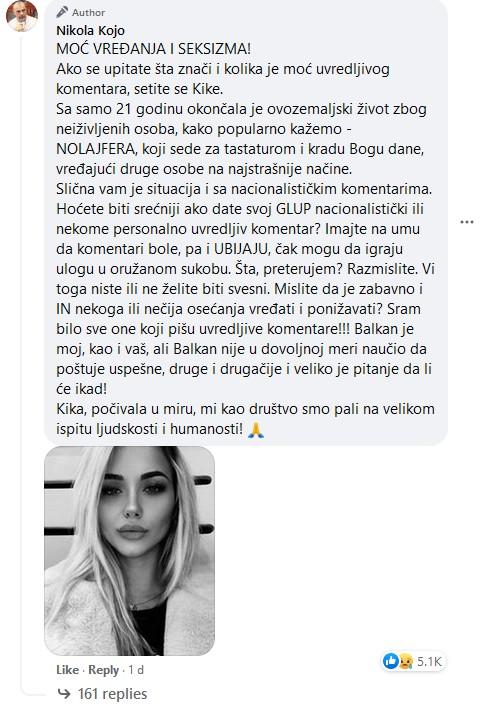 Status Nikole Koje na Facebooku - Avaz