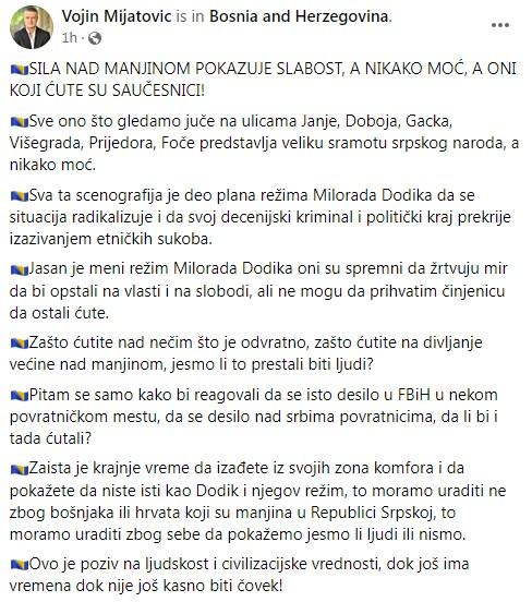 Mijatovićeva objava na Facebooku - Avaz