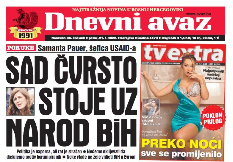 Danas u "Dnevnom avazu" čitajte: SAD čvrsto stoje uz narod BiH