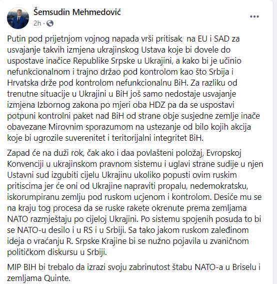 Objava Mehmedovića na društvenim mrežama - Avaz