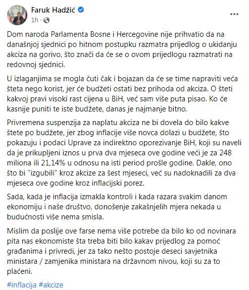 Objava Hadžića na Facebooku - Avaz