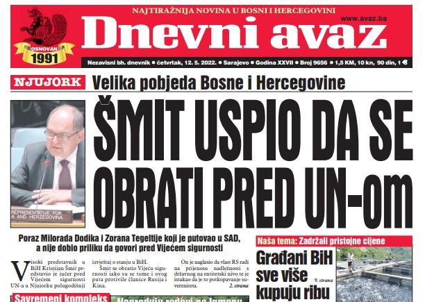 Danas u "Dnevnom avazu" čitajte: Šmit uspio da se obrati pred UN-om