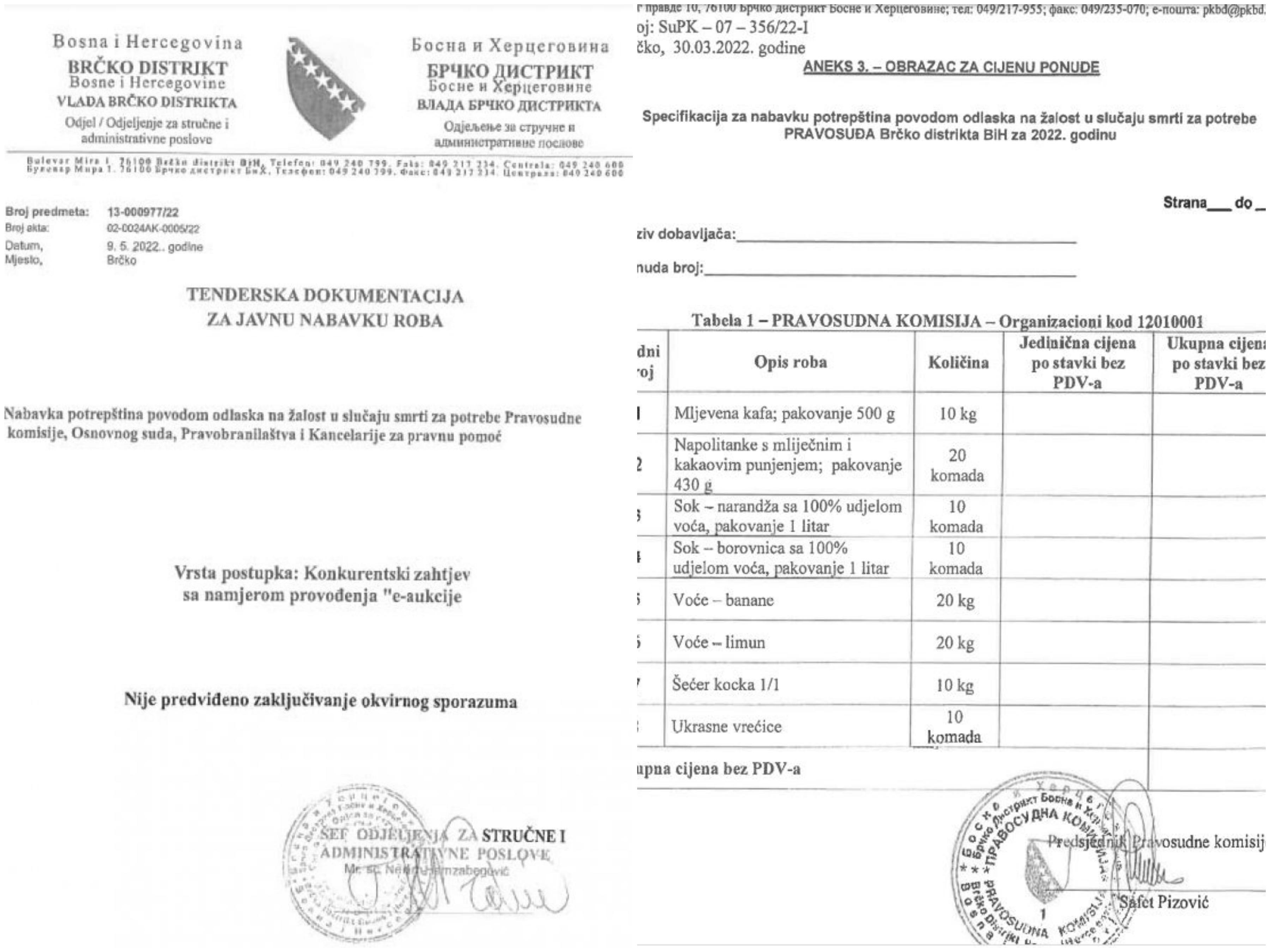 Pravosudna komisija Brčko Distrikta raspisala tender za nabavku šećera, kafe i napolitanke za saučešće