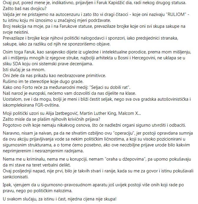 Drugi dio Facebook statusa Harisa Zahiragića - Avaz