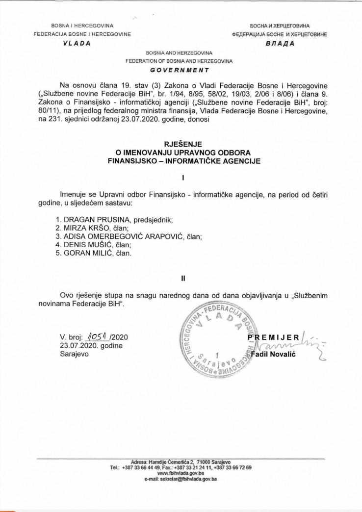 Proof that Arapović was elected to the Management Board of the FBiH Financial Information Agency - Avaz