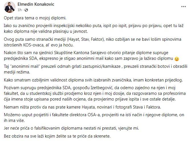 Objava Konakovića na Facebooku - Avaz