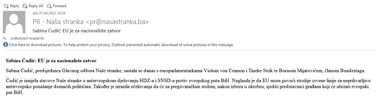 Drugi mail koji su poslali iz Naše stranke medijima - Avaz